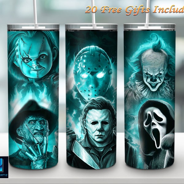 Horror Characters 20 Oz Skinny Tumbler Straight & Tapered PNG Sublimation Instant Download, Halloween Tumbler Wrap Png, Scary Movie PNG