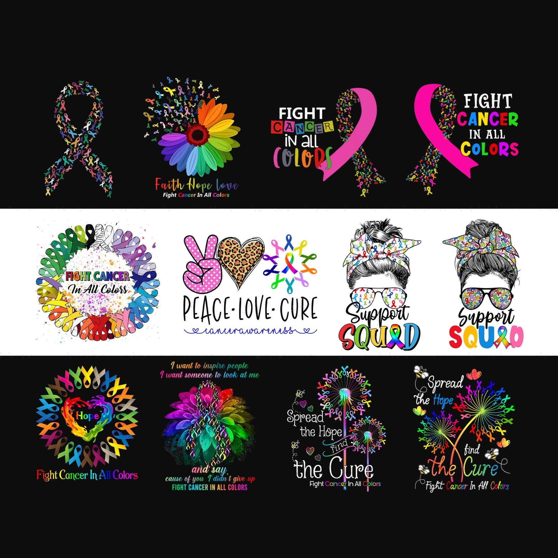 12 PNG Fight Cancer In All Colors Cancer Awareness Bundle PNG File, Cancer Ribbon, Cancer Survivor Digital Downloads