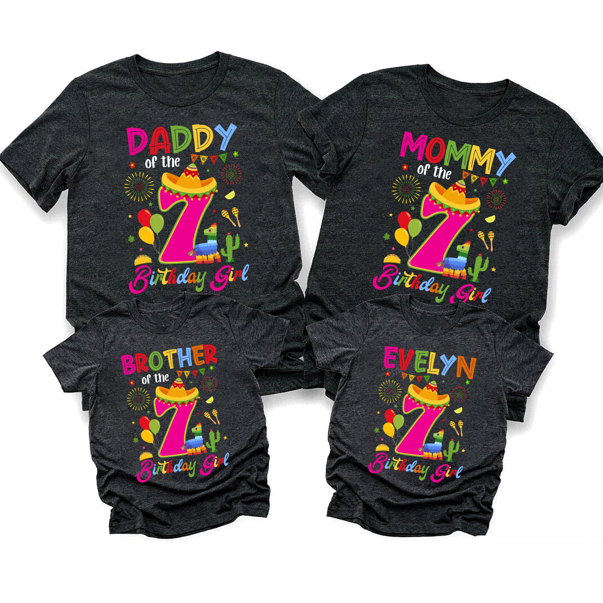 Personalized Cinco De Mayo Birthday Tee Shirt, Custom 7th Birthday Girl Tees, Fiesta Family Birthday, Mexican Fiesta Theme Matching T-shirts