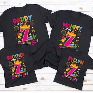 Camiseta personalizada de aniversário de Cinco De Mayo, camisetas personalizadas para meninas de 7º aniversário, aniversário da família Fiesta, camisetas combinando com tema de festa mexicana