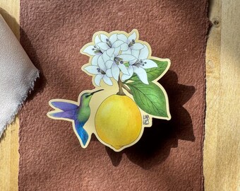 Hummingbird & Lemon and Flowers Sticker: Matte Vinyl Illustration