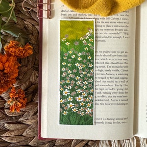 White Flower Field Hand Painted Bookmark - book lover, bookish, stationery, gift, wildflowers, nature, gouache painting, original artwork