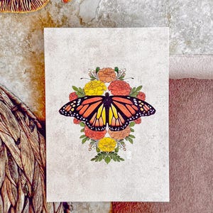 Monarch Butterfly and Marigold Flowers Art Print – Botanical Nature Illustration | Ancestry, Transformation, and Día de Muertos Home Decor