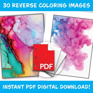 Könnte beinhalten: Ein digitaler Download von 30 umgekehrten Malvorlagen im PDF-Format. Die Bilder zeigen abstrakte Designs in leuchtenden Farben, darunter Pink, Blau, Grün und Gelb.