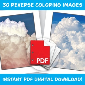 Può includere: Due immagini di formazioni nuvolose contro un cielo blu. Il testo "30 REVERSE COLORING IMAGES" e "INSTANT PDF DIGITAL DOWNLOAD!" sono in uno striscione blu. Un'icona PDF rossa è al centro.