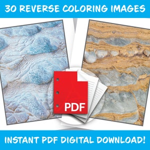 May include: Two images of natural textures are displayed on white paper, with the text "30 REVERSE COLORING IMAGES" above and "INSTANT PDF DIGITAL DOWNLOAD!" below. A red PDF icon is in the center.