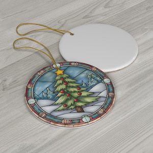 Christmas Tree Ornament, Stained Glass Tree, Christmas Decoration, Holiday Gift, Round Ceramic Ornament, Gift Exchange, Christmas Keepsake