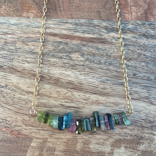 Watermelon Tourmaline Stick Bar necklace, Gold Filled Tourmaline Necklace, Raw watermelon Tourmaline, Islandfevercreations, island vibe gems