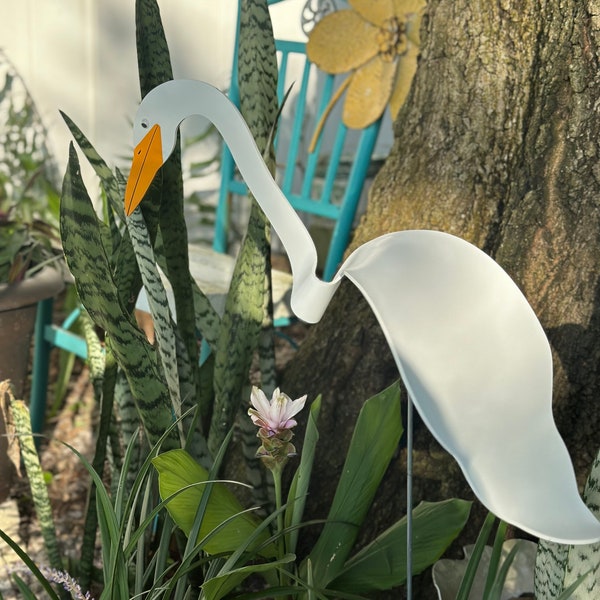 1 Large Egret Yellow Beak Bobbing Bird Dancing Balancing Sculpture Whirligig Wind Spinner Garden Art Decor Yard Swirling