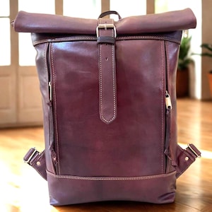 Handgjord marockansk läderryggsäck med roll-top: Minimalistisk 16-tums laptopväska