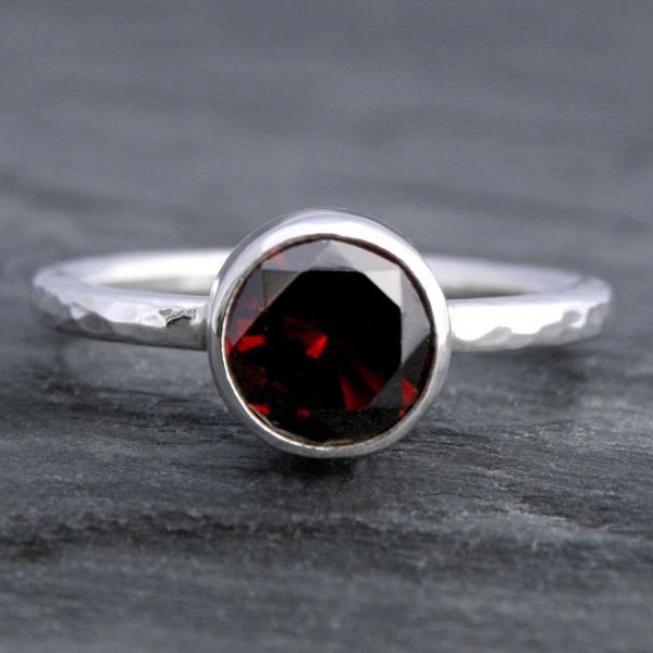 Garnet Sterling Silver Gemstone Ring, Deep Wine Red Jewel Ring, Wear Single or Stacking, Hammered Modern Ring Band