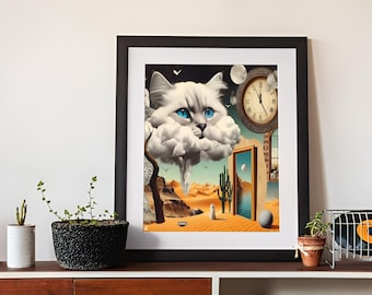 Retro Surrealism Cat Art Print, Desert Oasis Collage