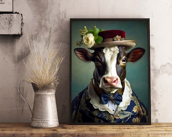 May include: A black and white cow wearing a blue and gold patterned jacket, a white lace collar, and a red and brown hat with a white flower. The cow is looking directly at the camera.