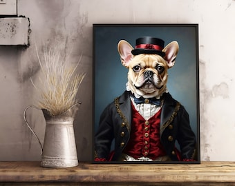 Vintage Pet Portrait Painting - French Bulldog Art, Oil Painting Print, Quirky Home Decor, Altered Art Print, Royal Pet Portrait, Pet Art