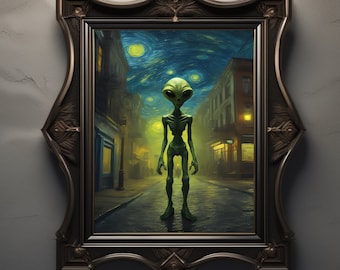 Van Gogh Style Alien Art Print – Starry Night, Surreal Sci-Fi Decor