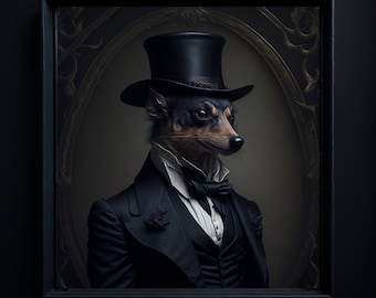 May include: A portrait of a dog wearing a black top hat and a black suit with a white shirt and a black bow tie. The dog is in a gold frame.