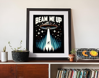 Vintage retrò, rapimento alieno UFO, poster art - arte da parete alla moda, decorazioni per la casa eccentriche, opere d'arte vintage, dischi volanti, arte da parete divertente, arte UFO