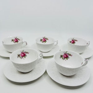 Spode Savoy Rose Set of Five Teacups and Saucers