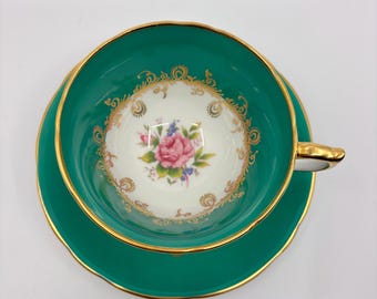 Aynsley Derp Teal with Pink Rose Teacup and Saucer