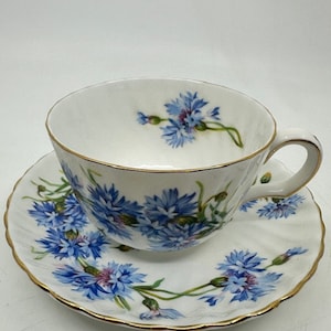 Może przedstawiać: Biały zestaw filiżanki i spodka z delikatnym niebieskim wzorem kwiatowym. Filiżanka i spodek mają złote obramowanie. Kwiatowy wzór przedstawia niebieskie kwiaty i zielone łodygi. Filiżanka jest na spodku.