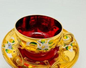 Murano Venezia Glass Red Demitasse Teacup and Saucer