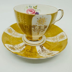 Royal Grafton Panelled Mustard Yellow and Floral Teacup and Saucer