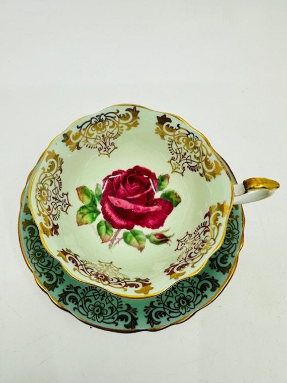 Very Rare Paragon Artist Signed Sage Green Red Floating Cabbage Rose Teacup and Saucer Set