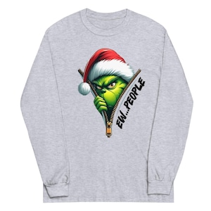 Grinch Ew People! Męska koszula z długim rękawem, koszula świąteczna, męska koszula z długim rękawem z kreskówkowym Grinchem.