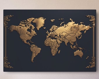 Mappa del mondo in oro e blu / Decorazione da parete / Decorazione da viaggio / Decorazione per la scuola domestica / Decorazione per l'aula / Decorazione per il soggiorno / Interni moderni