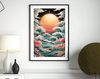 Japanese Art, Japandi Wall Art, Japandi Art Print, Japandi Art, Japanese Sunrise Metal Art, Japan Mountain Canvas Art, Extra large wall art