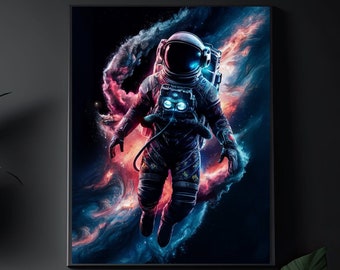 Astronautväggkonst, pojkrumsinredning, rymdkonstverk, stor väggkonst, present till astronautälskare, rymdmanväggkonst, väggdekor till man cave, galaxpresent