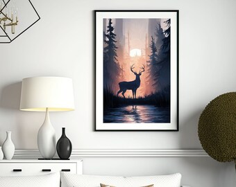 Deer Wall Art, Forest Animal Wall Decor, Hunting Art, Stag Print, Modern Farmhouse Decor, Vintage Animal Art Print, Durable Metal Wall Art