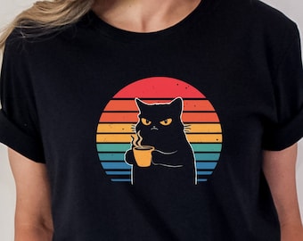 Camiseta de gato vintage, camiseta retro, camiseta vintage, camiseta de mamá gata, camiseta de amante de los gatos, camiseta de gato enojado y café, regalo para amante de los gatos, camiseta de papá gato