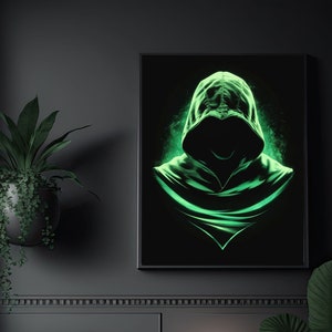 May include: A black and green hooded figure glows in the dark against a black background. The figure is in a dark room with a black armchair, a side table, and two plants.