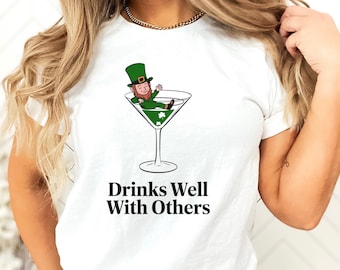 St Patty's Day Leprechaun Martini Unisex Tee, Funny St Paddy T-shirt, Cocktail Drinks Well With Others Shirt, St Patrick's Day Top, Irish