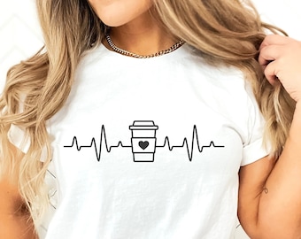 Camiseta Coffee Love, Coffee Heartbeat, Presente de café, Viciado em café, Camiseta de café feminina, Presente de aniversário de café, Camiseta de café feminina, Camiseta fofa