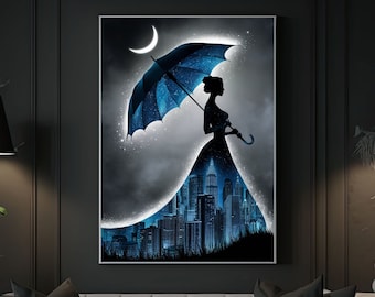 Woman Wall Metal Art, Mary Poppins Inspired Art, Disney Inspired, Lady Night, Umbrella Under Stars Decor, Room Decor, Starry Night,Her Decor