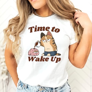 Funny Tired Cat and Brain Coffee Shirt | Cute Coffee Lover T-Shirt | Whimsical Cartoon Morning Struggle Graphic Tee, Cat Tee, Pet owner Tee