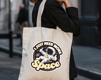 Bolsa de mano "Necesito más espacio", bolsa de mano con diseño de galaxia, bolsa de mano divertida, bolsa de lona con el universo, bolsa espacial, idea de regalo con atuendo de astronauta, regalo para amantes del espacio
