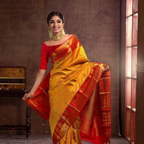 Indian Ethnic Yellow and Red color Banarasi Saree for Her, Soft lichi Silk Haldi Sari, Traditional Saree Blouse, Saree for Wedding Guest