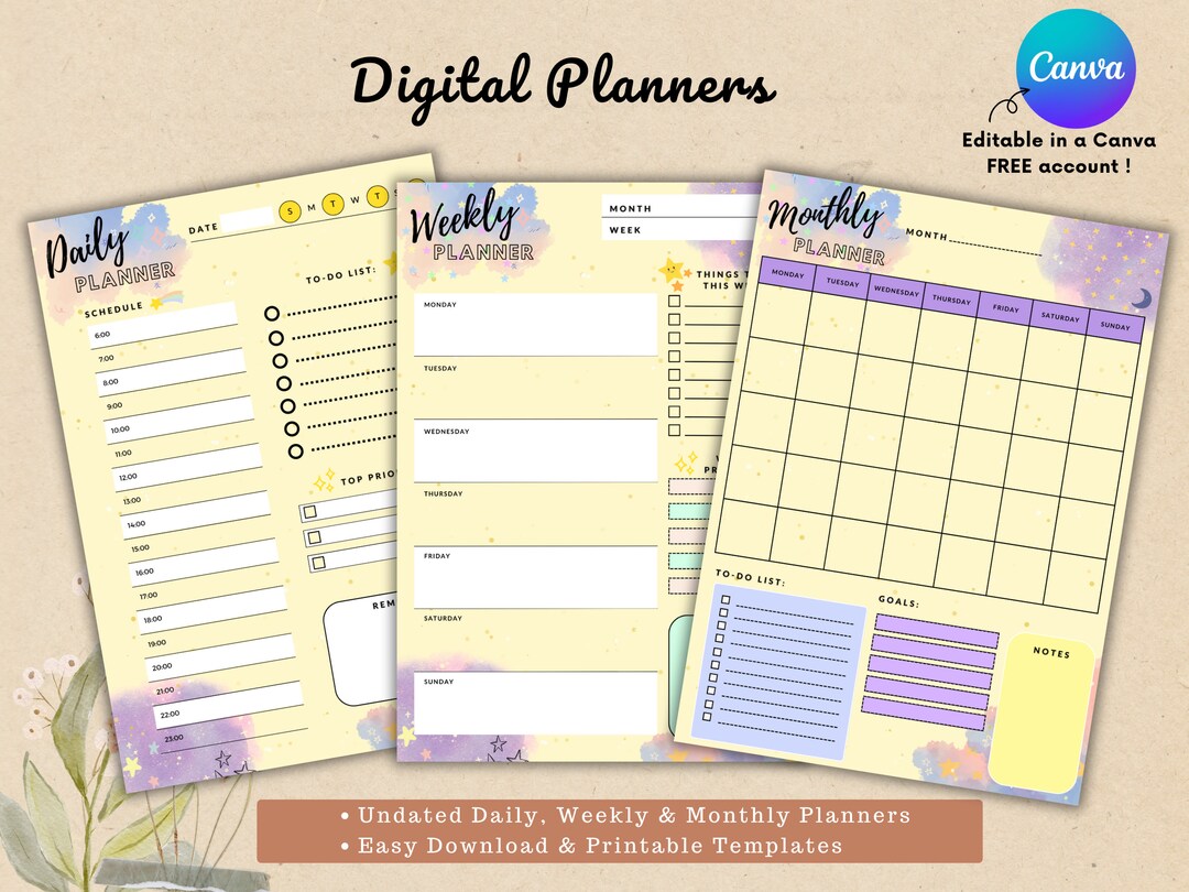 Canva Digital Planner Template, Daily Planner, Weekly Planner, Monthly