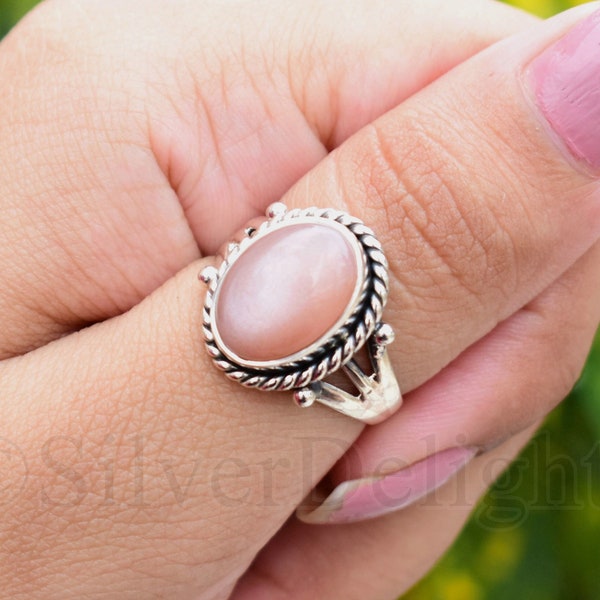 Peach Moonstone Ring, Oval Gemstone Ring, Womens Jewelry, Silver Gift Ring, Affordable Silver Jewelry, New Year Gift, Bohemian Ring, SD-225