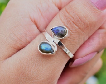 Silver Labradorite Ring, 925 Sterling Silver Ring, Pear Gemstone Ring, Dual Labradorite Stone Ring, Statement Ring, Wedding Gift, SD-208