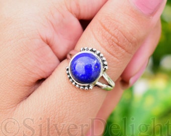 Silver Lapis Ring, Sterling Silver Ring, Round Lapis Stone Ring, Lapis Lazuli Jewelry, Womens Jewelry, Birthstone Ring, Silver Gift, SD-146