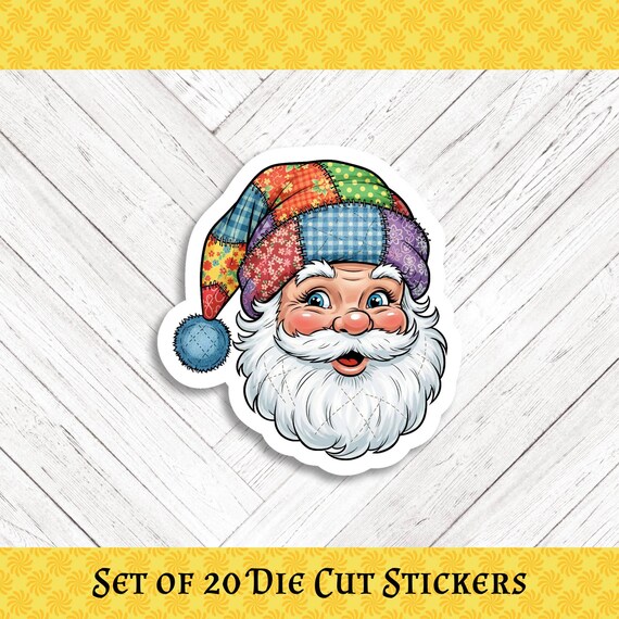 Patchwork Santa Christmas Die Cut Stickers - Set of 20