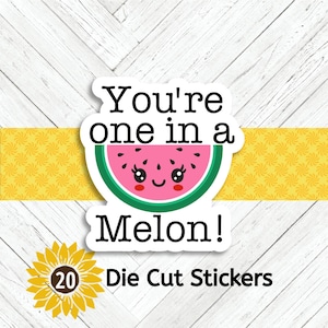 May include: A die-cut sticker with a watermelon design and the text "You're one in a Melon!" The watermelon is pink with a green rind and a smiling face. A yellow sunflower with the number 20 is in the lower left corner. The background is white wood.