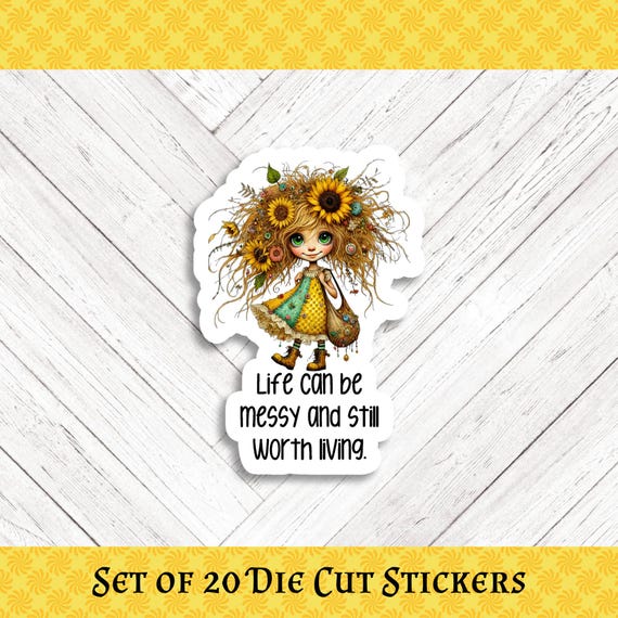 Messy Sunflower Girl Die Cut Stickers: Crafting, Happy Mail & Scrapbooking - Set of 20