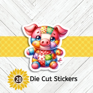May include: A die cut sticker featuring a colorful patchwork pig with large blue eyes and various patterns including hearts and checks. The sticker is displayed alongside text that reads 20 Die Cut Stickers with a sunflower graphic icon.
