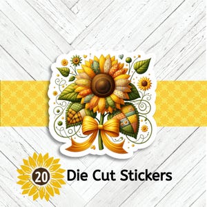 May include: A die-cut sticker featuring a sunflower design with a patchwork effect. The sunflower has yellow and orange petals, a brown center, and green leaves. A yellow bow is at the base. The text "20 Die Cut Stickers" is at the bottom.