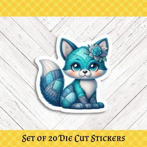 May include: A die-cut sticker featuring a teal fox with large blue eyes and a flower on its head. The fox has a patchwork design on its body and tail. The text "SET OF 20 DIE CUT STICKERS" is at the bottom.